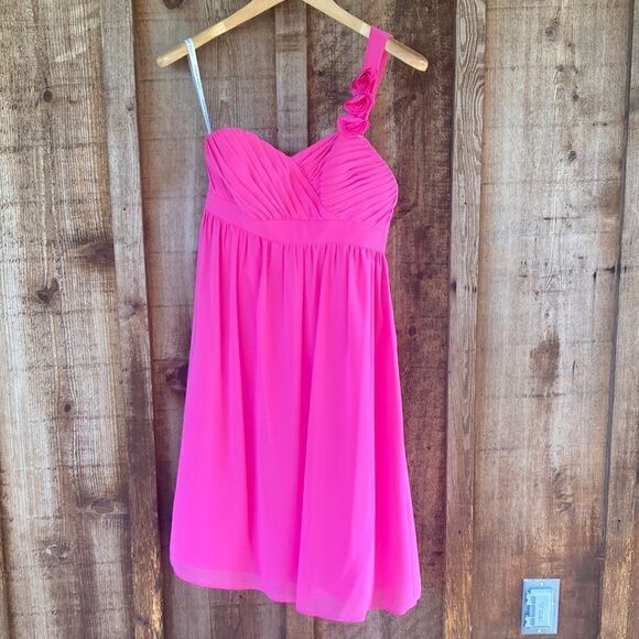 Alfred Angelo Fuchsia Chiffon Cocktail Bridesmaid Dress Floral OneShoulder/strap - Picture 2 of 12